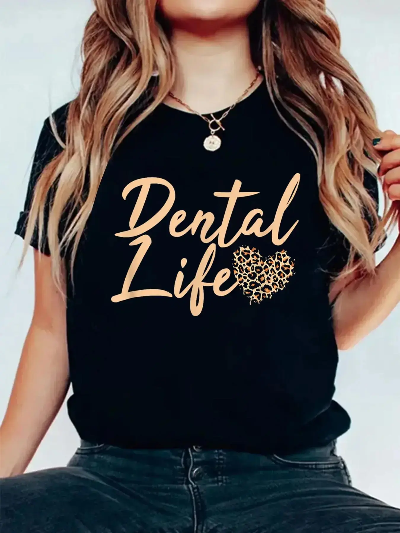 Women's Graphic T-Shirt Featuring a Dental Life Cheetah Print, Casual Crew Neck in Soft Cotton Fabric for Summer Streetwear, Tshirt, Round Neck, Everyday, Comfortable, Shortsleeve, Top, Essential, Fit, Relaxed Fit, Lady, Outfits, Tops, Breathable, Graphic