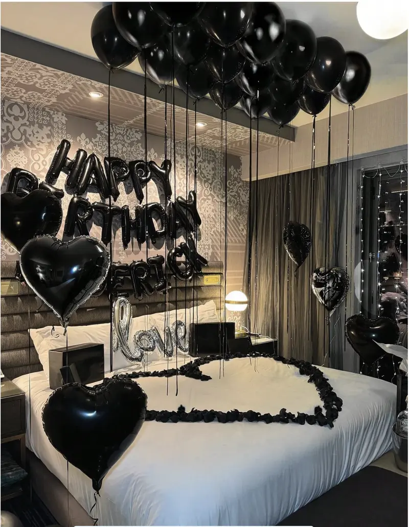 65pcs Black Theme Party Decoration Set with Latex Heart Banner Plastic Balloons Aluminum Foil Ball for Home Decor Photo Props Outdoor Gifts Happy Birthday Decor for Men Women