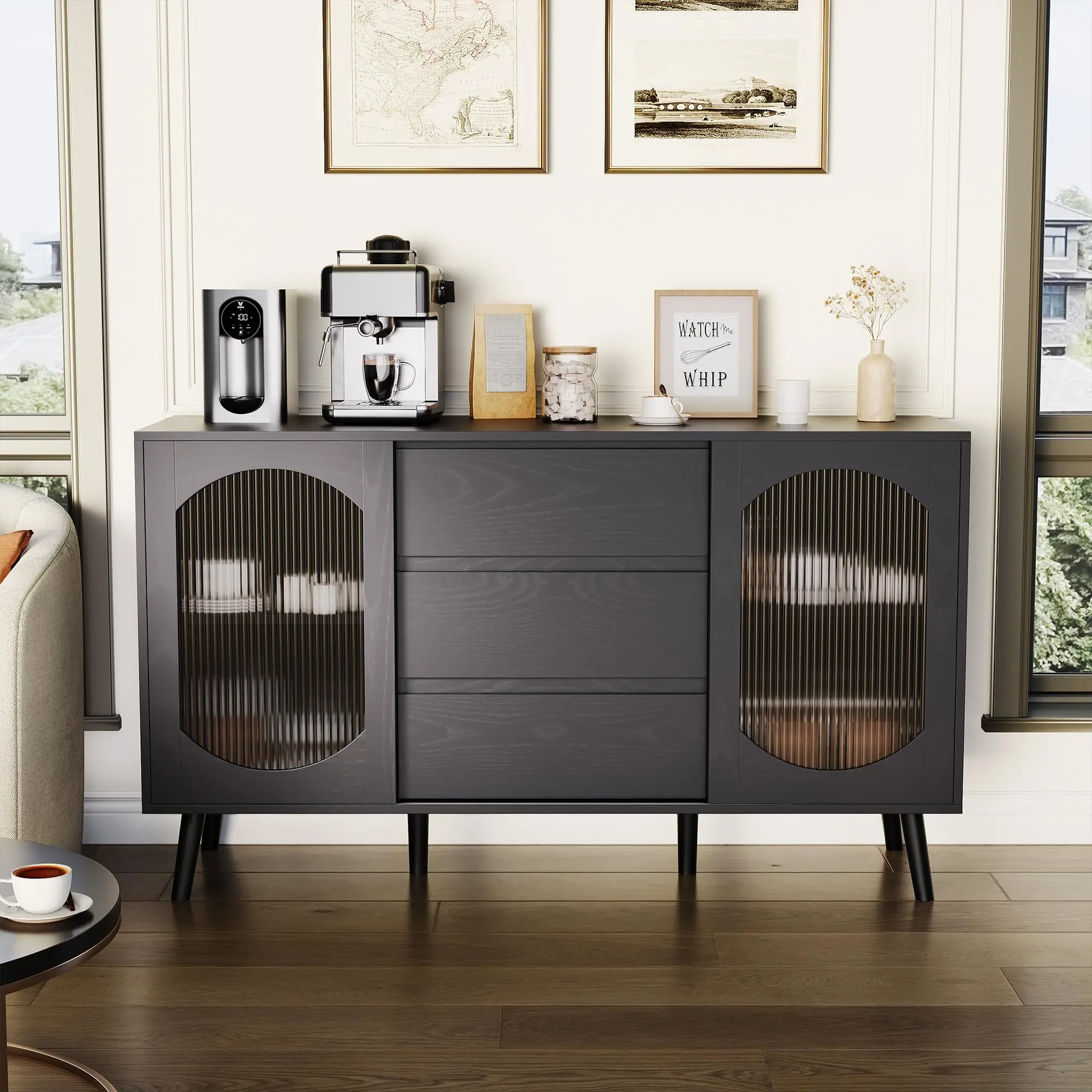 Garvee Sideboard Buffet Cabinet with Fluted Glass Doors and Drawers, Cabinet with Storage, Black Sideboard for Kitchen, Dining Room, Living Room