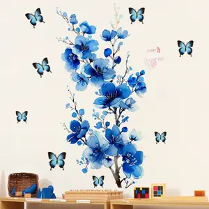 A blue-themed floral and butterfly wall sticker for home decoration and beautification, self-adhesive, Floral Pattern Sticker, M18888-YC