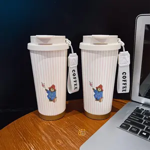 Coffee mug ~ 530 ml / 17.92 oz insulated mug，Paddington Bear with Union Jack Flag Blue Coat Pattern PrintDouble-walled, leak-proof, travel mug with handle; perfect for coffee lovers, art enthusiasts, sports enthusiasts, and those seeking a gift.