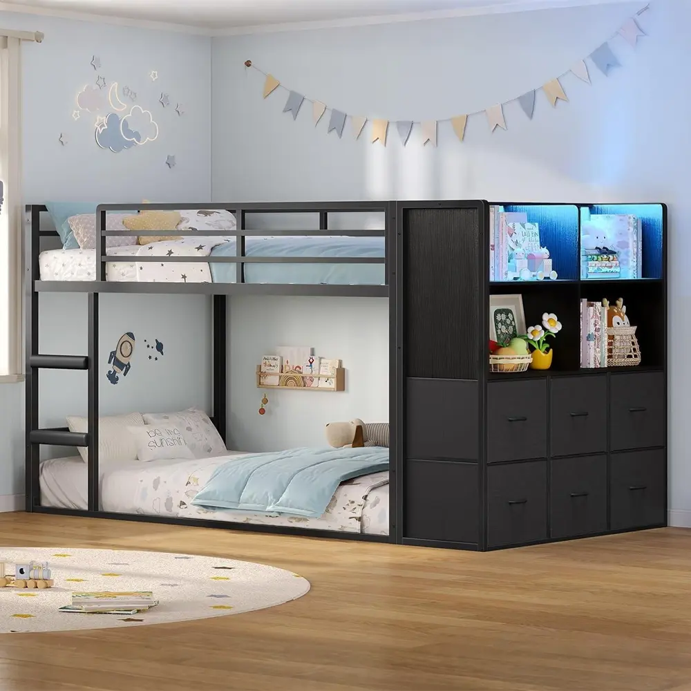 Sikaic Twin Over Twin Bunk Bed with Storage Drawers, Open Shelves & LED Lights, Black Metal Low Bunk Bed with Built-in Ladder and 13.4-Inch Guardrails, Space-Saving