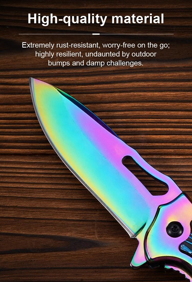 Portable EDC multifunctional tactical outdoor colorful folding knife and pocket knife. All-steel construction with a quick-opening design; outdoor cutting tool designed specifically for climbing and fishing; an essential item for camping and hiking.