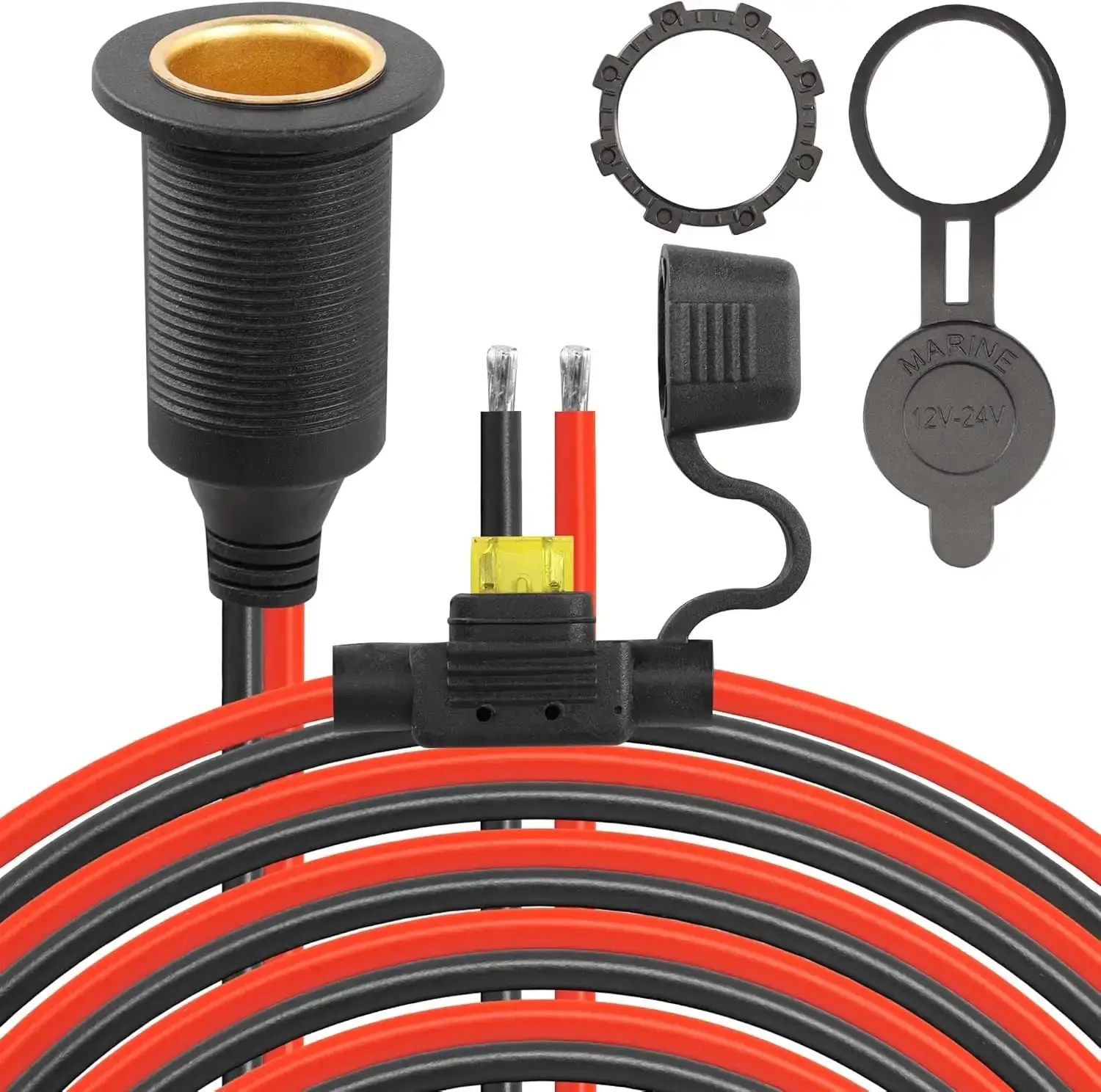 12V/24V Fixed Thread Cigarette Lighter Socket Extension Cable - 20A, 2.5mm²/13AWG Waterproof Tinned Wire Female Replacement with Waterproof Cap,Fuse Protection for Motorcycle,Power Devices,Mobile Phones (1m/3.2ft,2m/6.5ft)