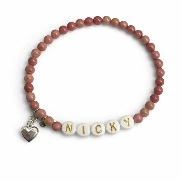 Women's Fashion Personalized Sterling Silver-Rhodonite Bracelet with Storytelling Heart Charm, Customizable Initial Charm Bracelets & Bangles, Rhodonite Gem Jewelry Accessory