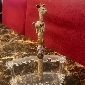 Custom Rhinestone Giraffe on a Rhinestone Pen with Purple and Gold Beads and Sparkling Rhinestones for Stylish Writing