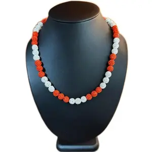 Iced Rhinestone Disco Ball Crystal Bead Baseball Necklace Orange White