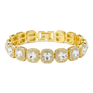 Iced Cluster Bracelet Gold/Silver Plated Alloy 12mm Width 8-8.5 Inches Length with Premium Simulated Crystals for Everyday & Special Occasions