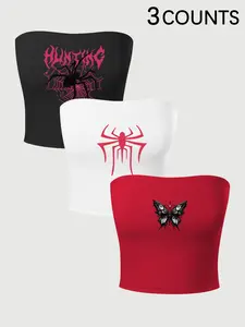 2026 Trending 3 Pack Goth Spider Butterfly Graphic Strapless Crop Tops, Bandeau, Tube Tops for Women Alternative Streetwear Comfy Stretch Dark Academia Y2K Fashion for Club Party Festival Daily Wear Multiple Colors Available Viral TikTok