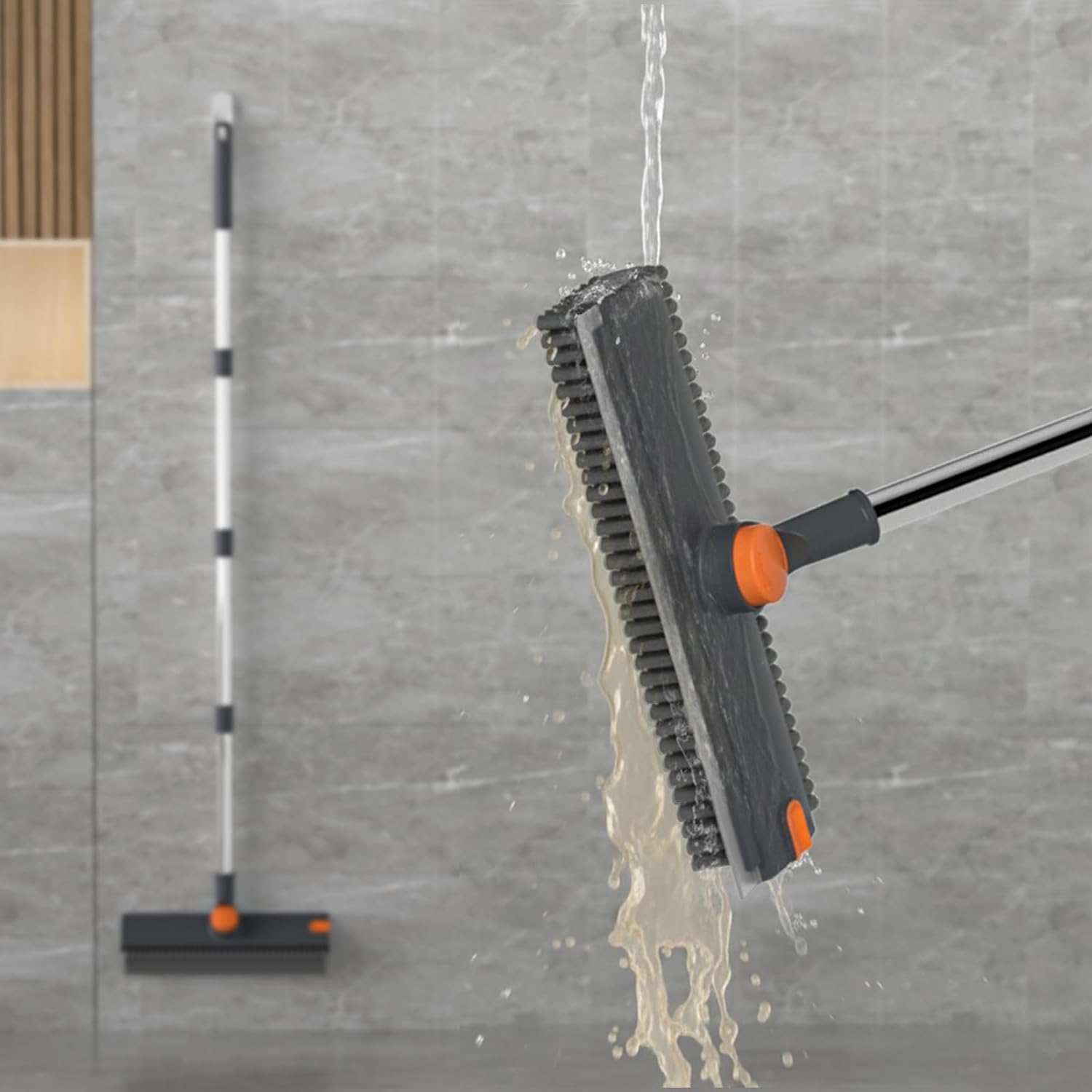 3-in-1 Floor Scrub Bathtub Brush with Long Handle - 1pc, 360-degree Rotating, 45-degree Ergonomic Design, Double-Sided Heavy-Duty Stiff Bristles & Squeegee, 10.6*3.95in Home Cleaning Broom for Bathroom, Kitchen, Deck, Durable, Birthday, Wedding, Cleaning,