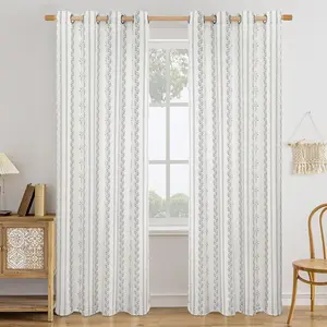 Boho Curtains for Living Room - Bohemain Grey Semi Sheer Curtains 84 Inch Length Light Filtering Grommet Window Drapes for Farmhouse Decor Bedroom, Each 52 Inch Wide, 2 Panels Set