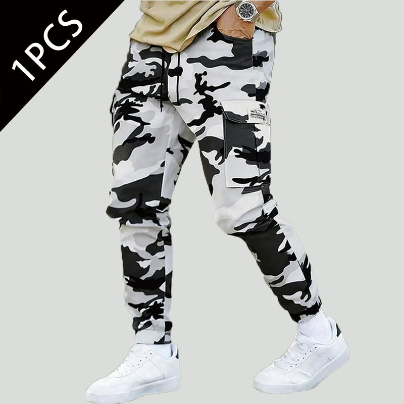 Men's Camouflage Casual Polyester Cargo Pants - Light Thin, Breathable, Loose-Fit, Multi-Pockets, Elastic Drawcord Waist Outdoor Tactical Joggers for Hiking, Work