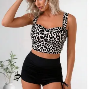 2026 New Leopard Print Swimsuit For Women - Two Piece Bathing Suit Crop Top With High Waist Drawstring Shorts - Vintage Retro Swimwear For Teens Girls - Summer Beach Pool Vacation