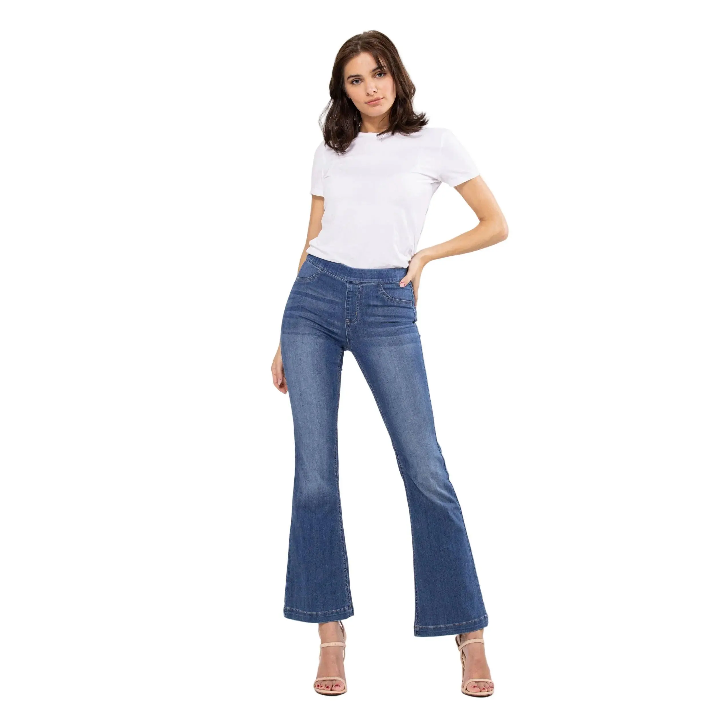 Cello Women's High Rise Stretchy Soft Flat Fabric Seamless Pull-On Denim Jegging with Pockets, Medium Wash Flared Bottom, 30" Inseam - AB35324-30