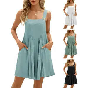 Ebifin Women’s Casual Jumpsuits Wide Leg Short Overalls Loose Sleeveless Adjustable Bib Rompers with Pockets Linen Set Womenswear Summer Solid