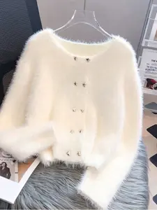 Women's Simple Casual Solid Color Mermaid Wool Button Front Cardigan, Loose-Fitting All Seasons Sweater, Plain Style