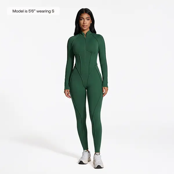 BetterMe Women's Compression Catsuit - Long Sleeve Zip-Front, Open-Back Smooth Spandex-Polyester Blend (77% Polyester, 23% Spandex), Above-Ankle Bodysuit for Sports Workouts, Breathable All-Seasons Athletic Wear, 2XL, Cold Wash, Do Not Dry Clean