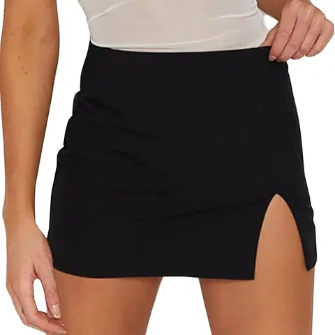 VIRTILA Women's Black High-Waisted Stretch Tight Bodycon Mini Skirt - Street Wear, Going Out Outfits, Backside Cut, Cropped, Slit Hem, Perfect Fit for Dating, Evening, Party, All-Seasons Wear