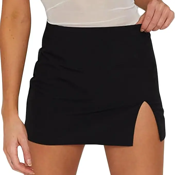 VIRTILA Women's Black High-Waisted Stretch Tight Bodycon Mini Skirt - Street Wear, Going Out Outfits, Backside Cut, Cropped, Slit Hem, Perfect Fit for Dating, Evening, Party, All-Seasons Wear