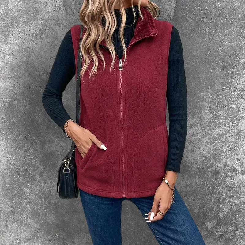 Women's stand collar zip-up polar fleece vest, windproof thermal sleeveless gilet