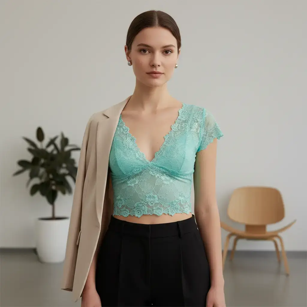 Cap Sleeved Lace Blouse Crop Top Camisole in Turquoise Color - Light Stretchable Basic Chic Feminine Minimalist Short Sleeve Women's Shirt