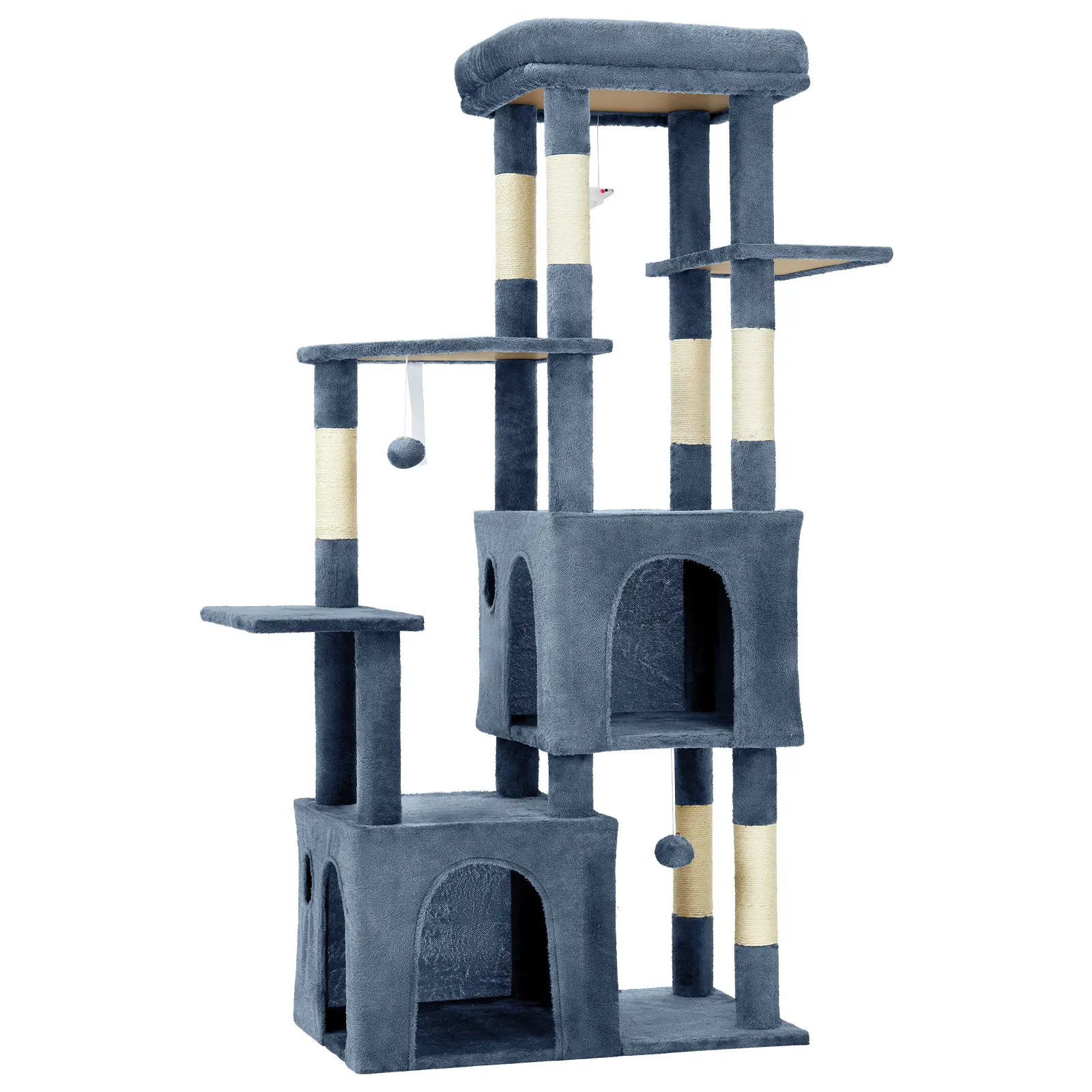 61 Inch Large Cat Tree, Heavy-Duty Multi-Level Cat Tower with 2 Spacious Condos and Oversized Perch. Durable sisal scratching posts and hanging toys, perfect for big breeds like Maine Coon and adult cats