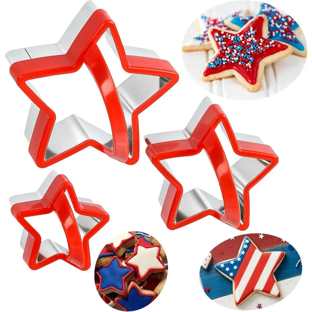 4th of July Star Shaped Cookie Cutters Set with Handle, Set of 3 Stainless Steel Patriotic Biscuit Molds for Pressing Cookie, Sandwich, Bread, Independence Day Baking Decorations