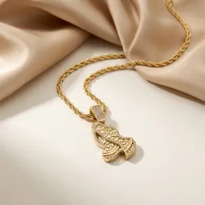 Iced Out Praying Hands Pendant Necklace, Gold/Silver Tone Hip Hop Rope Chain