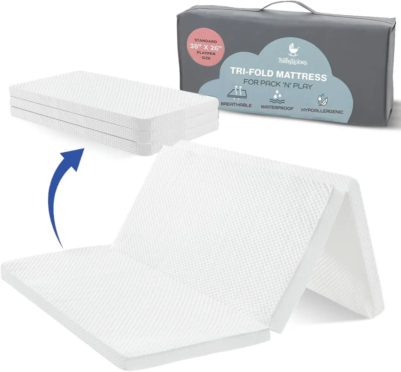 Waterproof Pack and Play Mattress Topper 38" x 26" x 1.5" Trifold Breathable Soft Plush Foam Portable Baby Foam Mattress