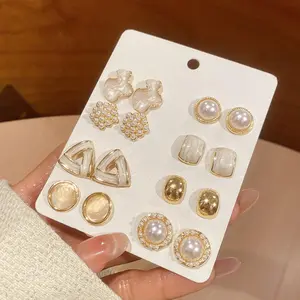 16 Pieces/set Elegant Temperament Imitation Pearl Stud Earrings Women's Round Square Geometric Opal Ear Studs Daily Party Wear