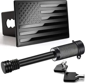 American Flag Metal Trailer Hitch Cover for 2 inch Receivers（with 5/8-Inch Pin Diameter Trailer Hitch Lock ） (Black)