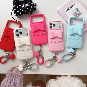 Solid Color 3D Bow Phone Case Compatible With iPhone 17 16 15 14 13 Pro Max Plus with Strap Protective Cover
