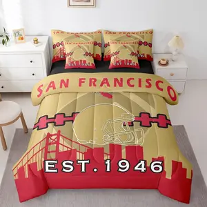 7 Pcs Comforter Set,Boys Bed in a Bag with Flat Sheet and Fitted Sheet,Football Bedding Set with Pillowcases and Cushion Cases(San Francisco), Bedding Sheets