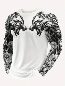 Men's Long Sleeve Crewneck T-Shirt, Viking Wolf God Tattoo Print, Norse Mythology Pattern, and Options, Casual Loose Fit, Streetwear
