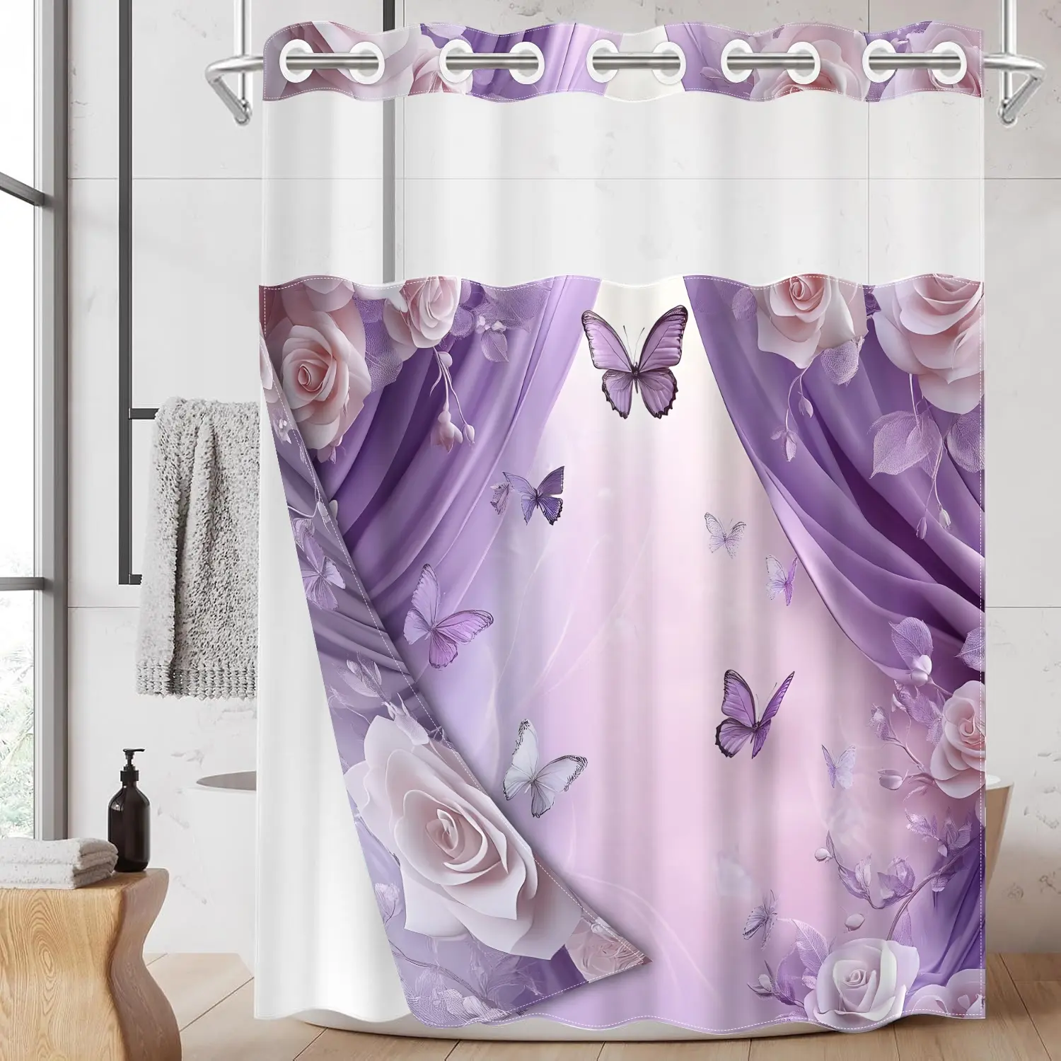 1PC 2D Flat Purple Rose and Butterfly Pattern Double-Layer Woven Decorative Shower Curtain (No Hooks), Transparent Top Window, Removable Lining with Clips, Bathroom Decor, Bathroom Accessory, Shower Curtain Liner