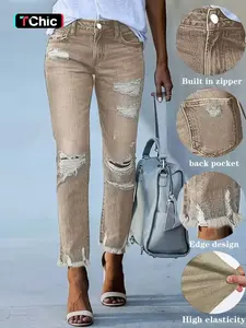 Women's Ripped Hem Ninth-Length Straight Casual Pants, Slim-Fitting Natural Waist Design, All-Season Plain Style for Everyday Wear