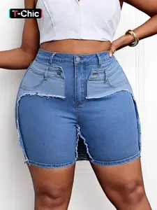 Plus Size Women's Stretchy Elastic Slim Fit Denim Shorts, Colorblock Design, Casual Fashion, Everyday, Summer Wear, Comfortable Daily