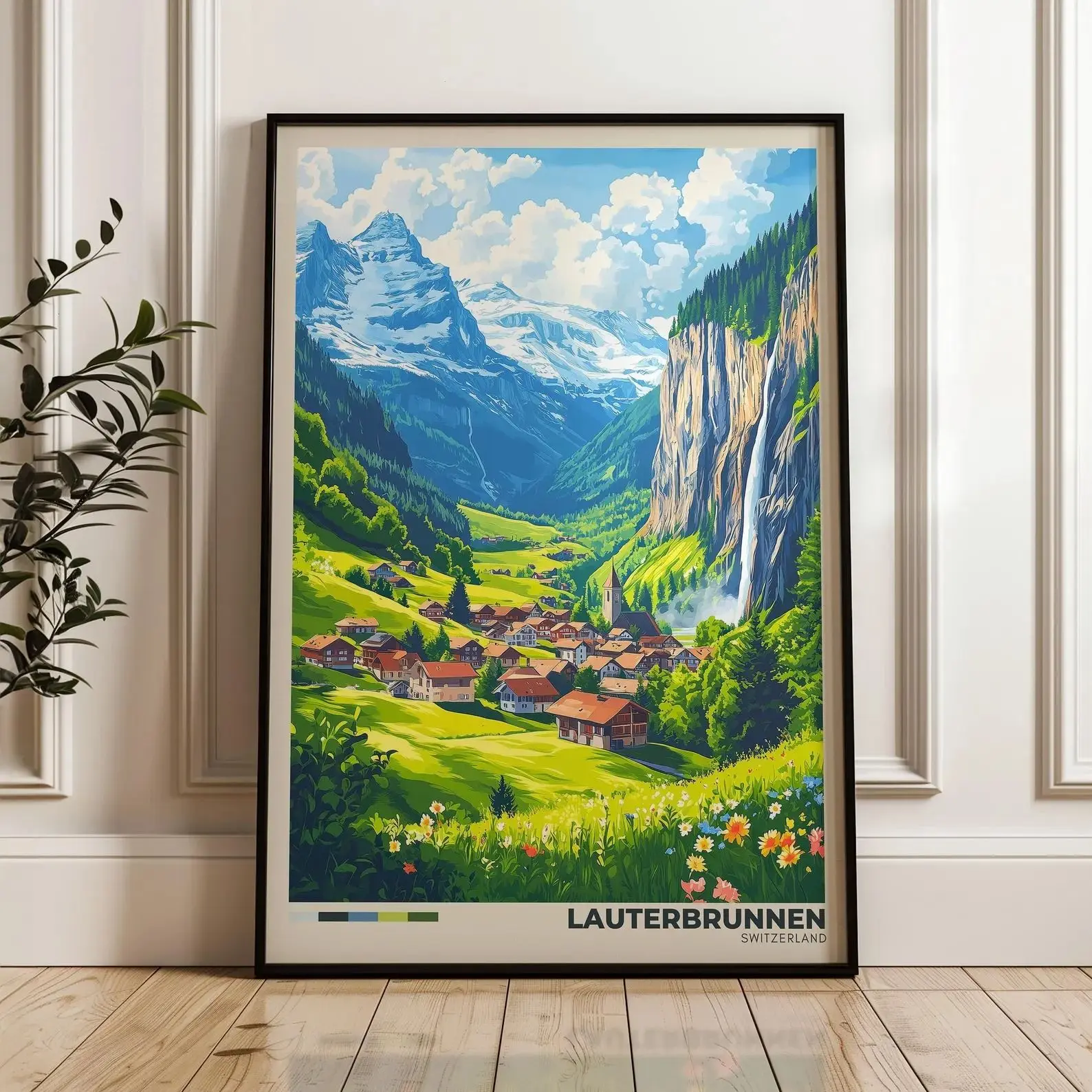 Lauterbrunnen Switzerland Travel Poster | Mountain Landscape Illustration Art | Swiss Alps Wall Print | Vintage Travel Decor
