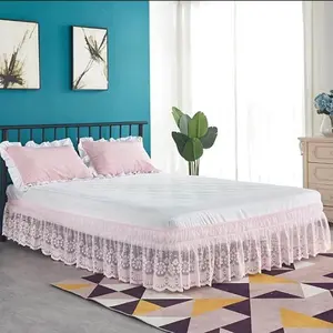 Lace Trimmed Elastic Bed Wrap, Easy Fit Dust Ruffle Bedskirt, White (Pink, )