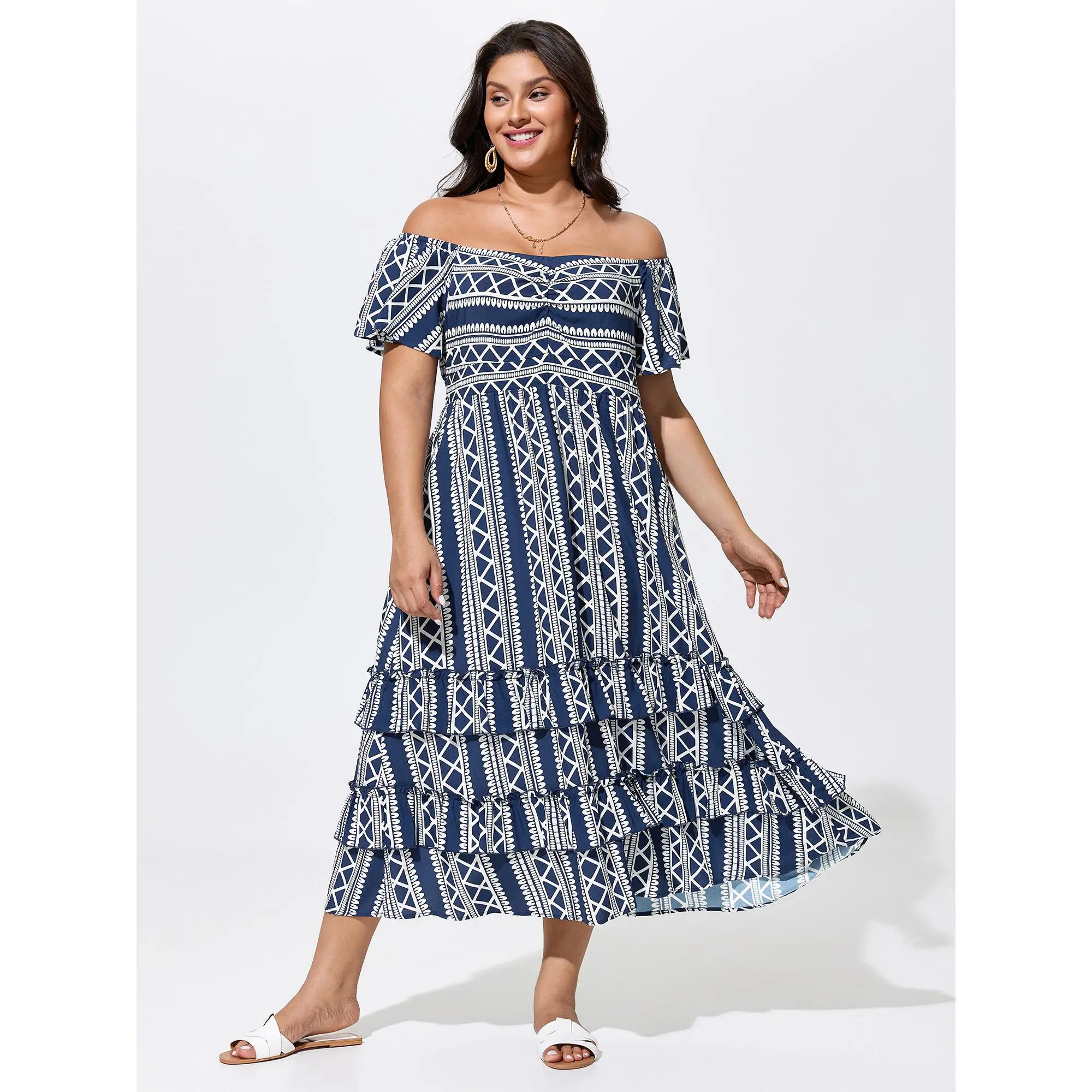 BloomChic Plus Size Approved Women's Casual Boho Maxi Dress - 100% Rayon Garment, Ethnic Floral Print, Cold-Shoulder Flutter Sleeves, Sleeveless Option, Tiered Layers, Pockets, Midi Length, Summer Resort Wear, Flowy Flattering, Floral Sleeve Accents