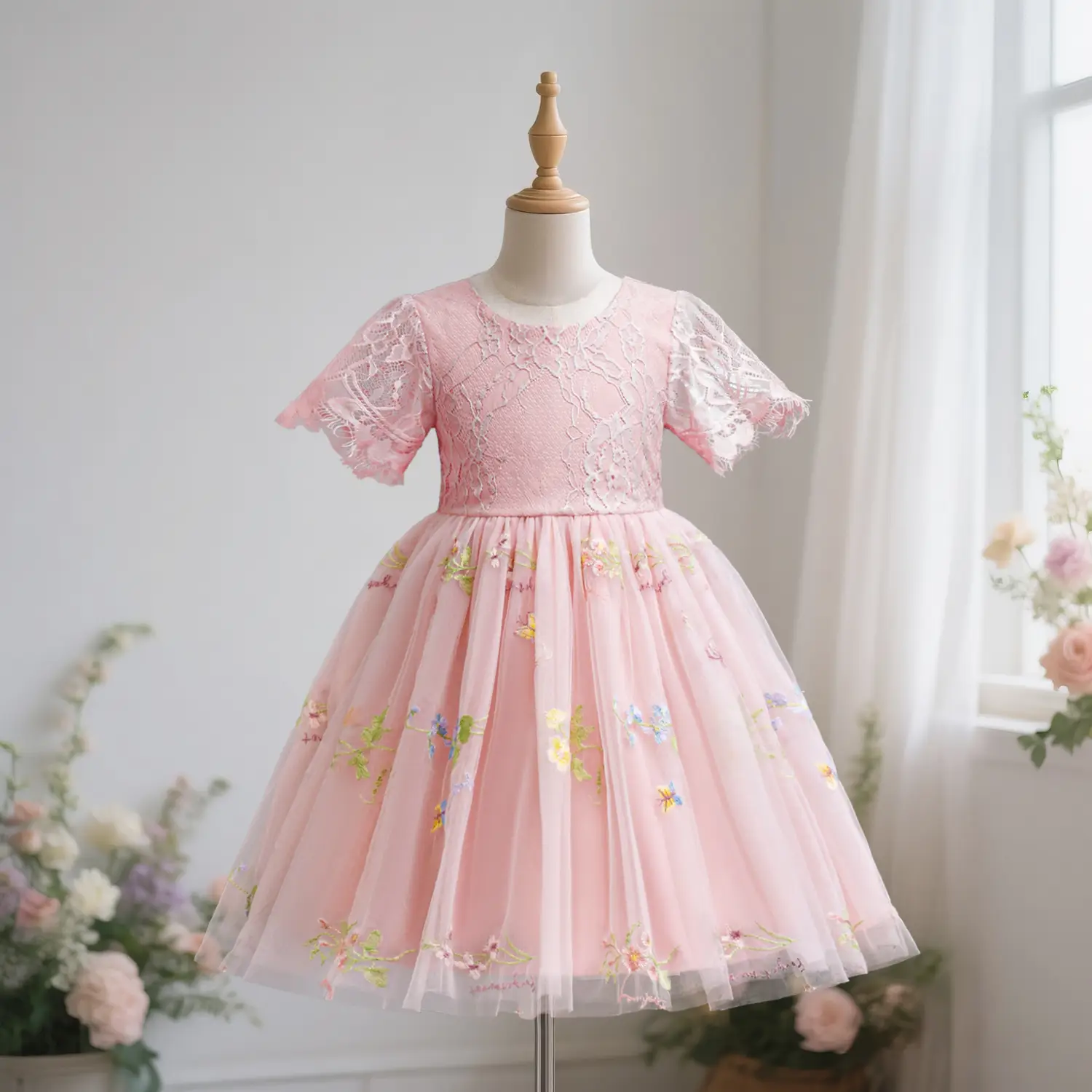 Lace Dress for Kids Girls Birthday Party Princess Dresses 3-8 Years Children Gown Vintage Girl Elegant Tulle Ceremony Costume