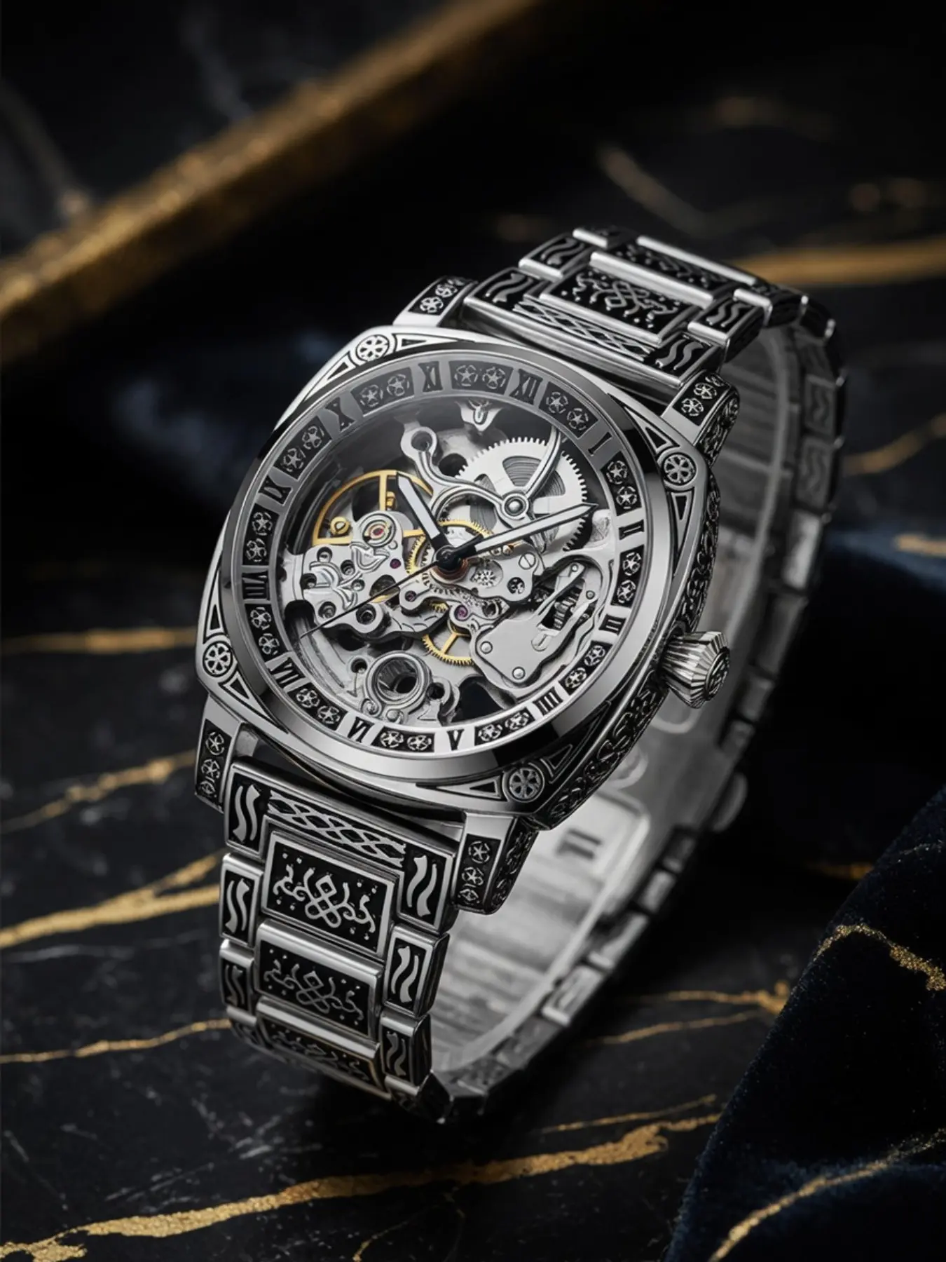 Vintage Engraved Silver Hollow Men's Mechanical Watch, Antique Silver Case, Hand-Engraved Steel Band, Roman Numerals, Waterproof, Luxury Gift