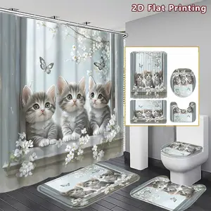4PCS Adorable Kittens Shower Curtain set, Soft Hued Kittens with Blossoms Bathroom Decor, Accessories with Bath Mat, U-shaped Mat, Toilet Lid Cover, 12 Hooks 180x180cm Curtain, Cat Enthusiast, Home Decor, bathroom accessories