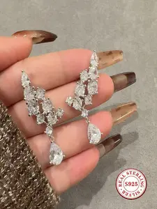 S925 Sterling Silver Teardrop Cubic Zirconia Dangle Earrings for Women – Leaf Cluster CZ Drop Earrings, Bridal Wedding Jewelry for Brides Bridesmaids, Prom Evening Party Formal Occasion Earrings