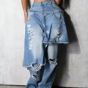 Women's Loose Fit High Street Patchwork Casual Pants, New Fashion Style, Hip-Hop Ripped Design, Long TrousersRagq(Sheet)