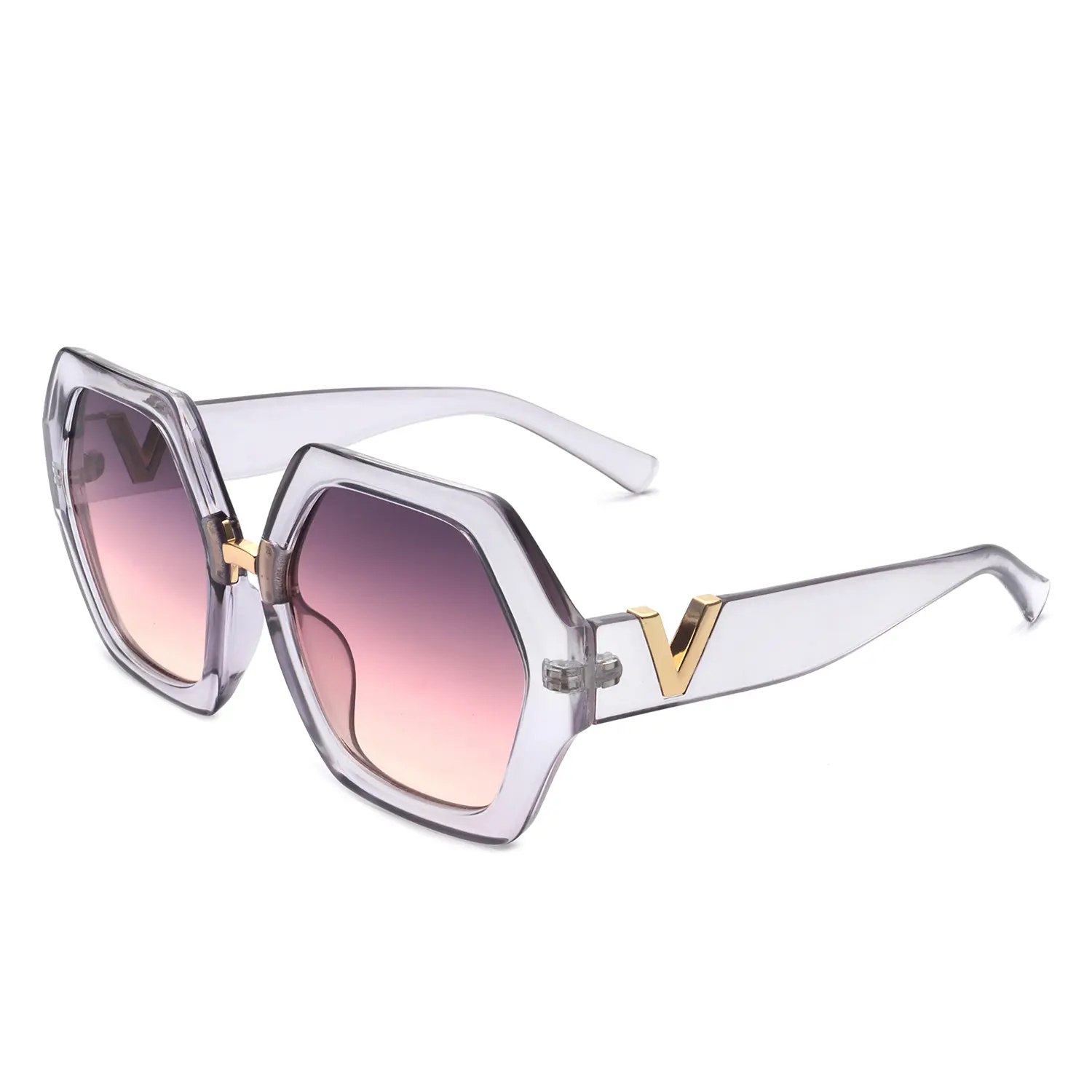 Women's Vintage Polygon Cat-Eye Fashion Sunglasses, White-Red Gradient Lens, Model HS2124-C6, Fashionable Frames Sunglasses, Pool, Female, Unisex, Outdoor