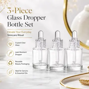 Premium 3 Piece Glass Dropper Bottles, Clear Refillable Bottles for Face Serum, Essential Oil & Travel Use, Organic Glass Material