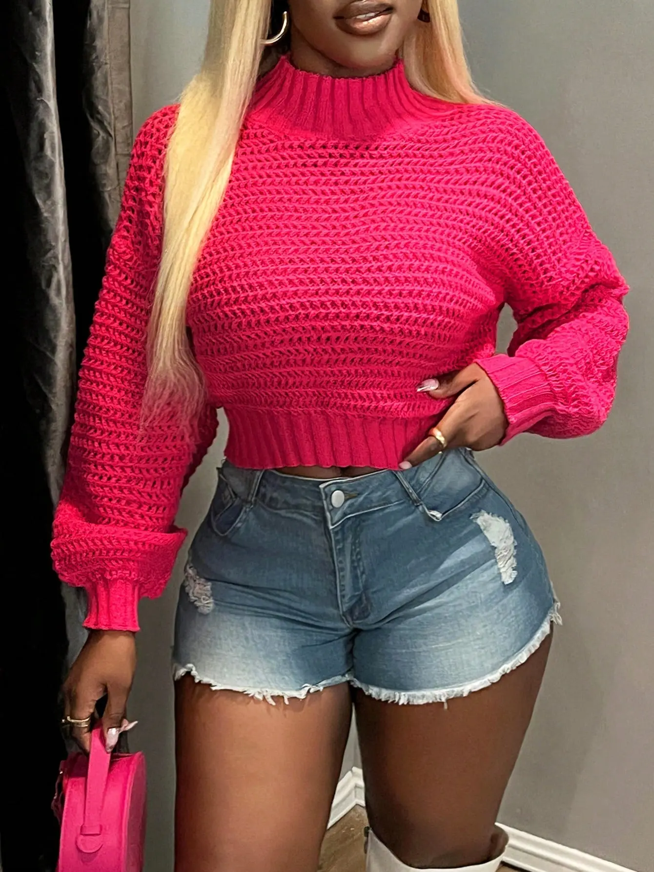Bamgleam Women'S Sweater, Women'S Top, Knitted Long Sleeves, Wave Pattern, Horizontal Pattern, round Neck, Pink, Short, Sexy, Loose, Friendly Gathering, Four Seasons, Autumn and Winter Women'S Clothing Fall Outfit