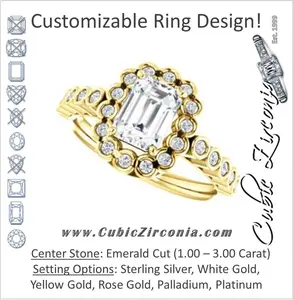 Cubic Zirconia Engagement Ring- The Journie (Customizable Emerald Cut Design with Round-Bezel Cluster Halo and Round Bezel Band Accents)