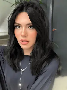 Synthetic long wavy headband wig, high temperature silk three-strand braid long curly hair wig, half-head friendly heat-resistant half-head wig, headband wig integrated, small face suitable for women's daily wear, Synthetic material wigs